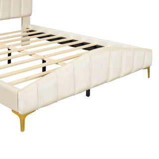 Queen Size Velvet Platform Bed with Thick Fabric, Stripe Decorated Headboard & Elegant Metal Bed Leg, Beige