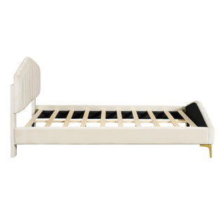 Queen Size Velvet Platform Bed with Thick Fabric, Stripe Decorated Headboard & Elegant Metal Bed Leg, Beige