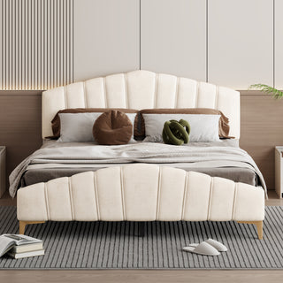 Queen Size Velvet Platform Bed with Thick Fabric, Stripe Decorated Headboard & Elegant Metal Bed Leg, Beige