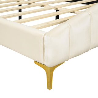 Queen Size Velvet Platform Bed with Thick Fabric, Stripe Decorated Headboard & Elegant Metal Bed Leg, Beige