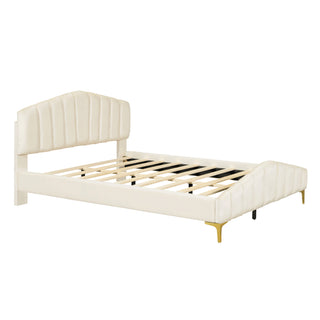 Queen Size Velvet Platform Bed with Thick Fabric, Stripe Decorated Headboard & Elegant Metal Bed Leg, Beige