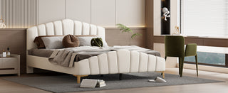 Queen Size Velvet Platform Bed with Thick Fabric, Stripe Decorated Headboard & Elegant Metal Bed Leg, Beige