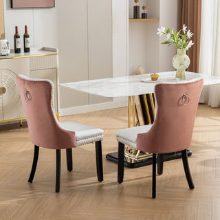 A&A Furniture Nikki Collection Modern Tufted Dining Chairs, Solid Wood Legs, PU & Velvet Upholstered with Nailhead Trim, 2-Pcs Set, White & Pink, SW2101WP