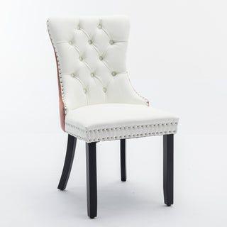 A&A Furniture Nikki Collection Modern Tufted Dining Chairs, Solid Wood Legs, PU & Velvet Upholstered with Nailhead Trim, 2-Pcs Set, White & Pink, SW2101WP