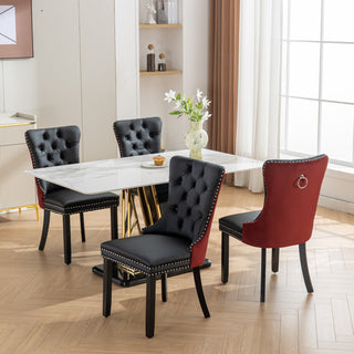 A&A Furniture Nikki Collection 2-Pcs Set Modern Tufted Dining Chairs, Solid Wood Legs, PU & Velvet Upholstered with Nailhead Trim, Black & Wine Red, Burgundy, SW2101BW