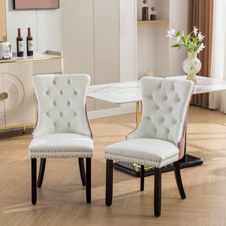 A&A Furniture Nikki Collection Modern Tufted Dining Chairs, Solid Wood Legs, PU & Velvet Upholstered with Nailhead Trim, 2-Pcs Set, White & Pink, SW2101WP