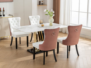 A&A Furniture Nikki Collection Modern Tufted Dining Chairs, Solid Wood Legs, PU & Velvet Upholstered with Nailhead Trim, 2-Pcs Set, White & Pink, SW2101WP