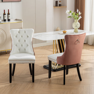 A&A Furniture Nikki Collection Modern Tufted Dining Chairs, Solid Wood Legs, PU & Velvet Upholstered with Nailhead Trim, 2-Pcs Set, White & Pink, SW2101WP