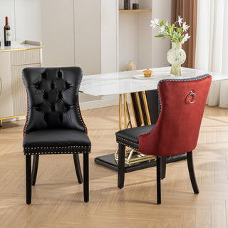 A&A Furniture Nikki Collection 2-Pcs Set Modern Tufted Dining Chairs, Solid Wood Legs, PU & Velvet Upholstered with Nailhead Trim, Black & Wine Red, Burgundy, SW2101BW