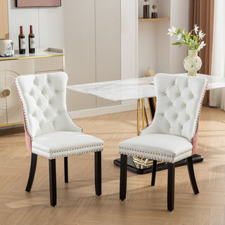 A&A Furniture Nikki Collection Modern Tufted Dining Chairs, Solid Wood Legs, PU & Velvet Upholstered with Nailhead Trim, 2-Pcs Set, White & Pink, SW2101WP