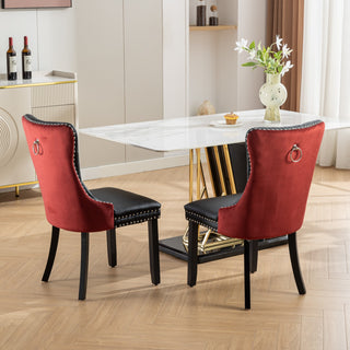 A&A Furniture Nikki Collection 2-Pcs Set Modern Tufted Dining Chairs, Solid Wood Legs, PU & Velvet Upholstered with Nailhead Trim, Black & Wine Red, Burgundy, SW2101BW