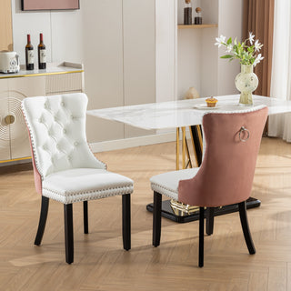 A&A Furniture Nikki Collection Modern Tufted Dining Chairs, Solid Wood Legs, PU & Velvet Upholstered with Nailhead Trim, 2-Pcs Set, White & Pink, SW2101WP