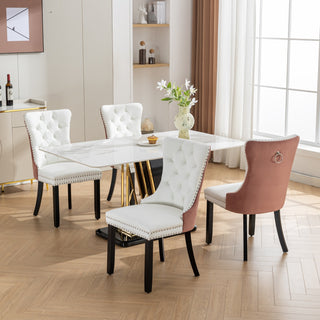 A&A Furniture Nikki Collection Modern Tufted Dining Chairs, Solid Wood Legs, PU & Velvet Upholstered with Nailhead Trim, 2-Pcs Set, White & Pink, SW2101WP