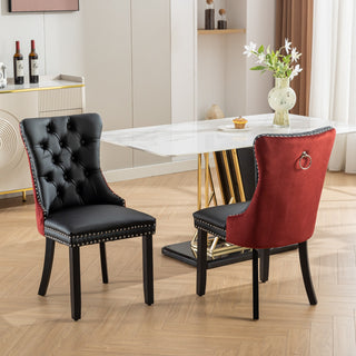 A&A Furniture Nikki Collection 2-Pcs Set Modern Tufted Dining Chairs, Solid Wood Legs, PU & Velvet Upholstered with Nailhead Trim, Black & Wine Red, Burgundy, SW2101BW