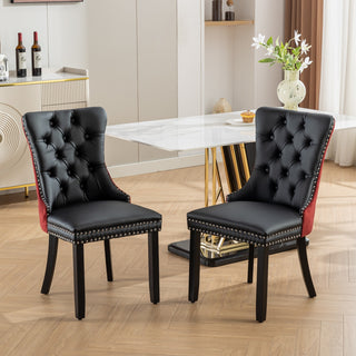 A&A Furniture Nikki Collection 2-Pcs Set Modern Tufted Dining Chairs, Solid Wood Legs, PU & Velvet Upholstered with Nailhead Trim, Black & Wine Red, Burgundy, SW2101BW