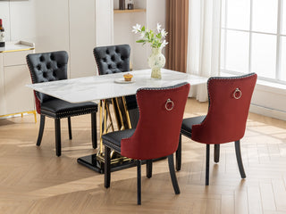 A&A Furniture Nikki Collection 2-Pcs Set Modern Tufted Dining Chairs, Solid Wood Legs, PU & Velvet Upholstered with Nailhead Trim, Black & Wine Red, Burgundy, SW2101BW