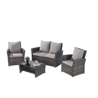 4 Pieces Outdoor Patio Furniture Sets Garden Rattan Chair Wicker Set, Poolside Lawn Chairs with Tempered Glass Coffee Table Porch Furniture