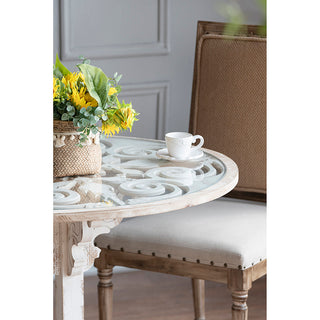 24x28.5" Round Wooden Carved Table, Distressed White Finish Design