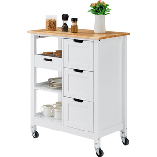 Rolling Small Kitchen Island Cart with Solid Wood Top, Mobile Utility Cart on Wheels with 3 Drawers and Storage Shelves, White Dining Room Serving Cabinet