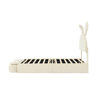 Twin Size Upholstered Platform Bed with Cartoon Ears Shaped Headboard and Light, Beige