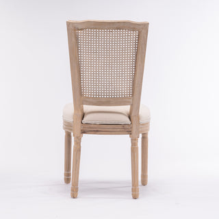 French Style Solid Wood Frame Linen Fabric Square Rattan Back Dining Chair,Set of 2,Cream