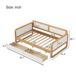 Twin Size Solid Wood Daybed with 2 Storage Drawers for Limited Space Kids, Teens, Adults, No Need Box Spring, Walnut and White