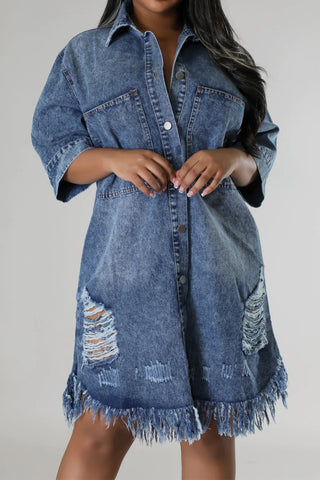 Distressed Raw Hem Button Up Denim Dress for Women