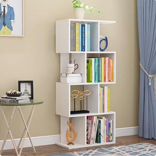 DFW 4-Tier Storage Shelf S-Shaped Bookcase – Multifunctional Wooden Display Rack, Free Standing Industrial Storage for Living Room, Bedroom, Office (White)