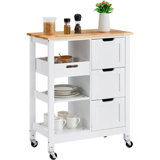 Rolling Small Kitchen Island Cart with Solid Wood Top, Mobile Utility Cart on Wheels with 3 Drawers and Storage Shelves, White Dining Room Serving Cabinet