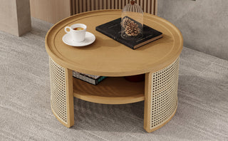 2-Tiered Round Natural Wood Coffee Table with Storage Rattan Base in 31.3''