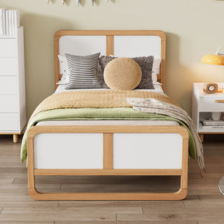 Modern Style Twin Size Solid Wood Platform Bed for Kids, Teens, Adults, No Box Spring Needed, Walnut and White