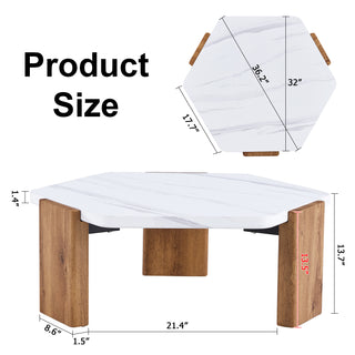 Modern MDF Coffee Table with White Top and Wood Texture MDF Legs, Hexagonal Design for Living Room and Guest Room