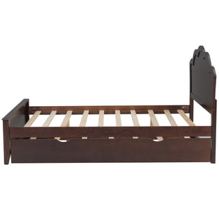 Full Size Wood Platform Bed with Headboard and Twin Size Trundle, Cappuccino