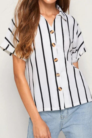 Striped Button Up Short Sleeve Shirt for Women