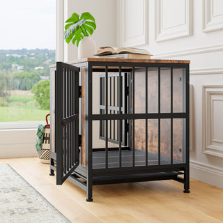 Dog Crate Furniture,  Wooden Dog Crate Table, 27.48" Dog Kennel with 2 Sliding Doors and Thick Iron Door Frame, Decorative Pet Crate House for Small Dog Indoor Use(Rustic Brown)