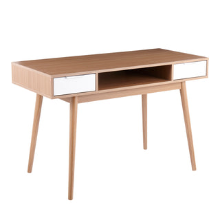 Pebble Contemporary Double Desk in Natural Wood with White Wood Drawers by LumiSource