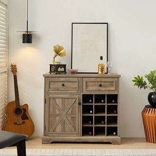 Farmhouse Buffet Cabinet with Storage Sideboard - 2 Drawers, Wine Bar with Removable Wine Racks & Storage Shelves, Gray Wash (39.37" x 15.75" x 34")