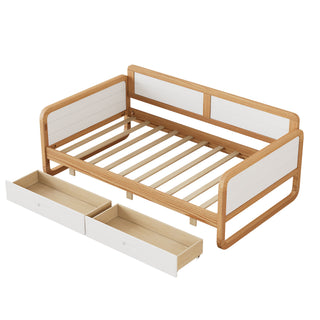 Twin Size Solid Wood Daybed with 2 Storage Drawers for Limited Space Kids, Teens, Adults, No Need Box Spring, Walnut and White