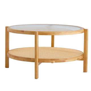 Modern simple circular double-layer solid wood tea table rattan woven Chinese side table small round table suitable for living room, dining room and bedroom