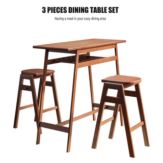 3 PCS Pub Dining Set Retro Bar Table Rubber Wood Stackable Backless High Stool for 2 with Shelf and Hooks for Home Bar Small Space