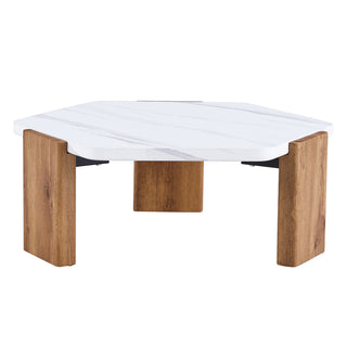 Modern MDF Coffee Table with White Top and Wood Texture MDF Legs, Hexagonal Design for Living Room and Guest Room