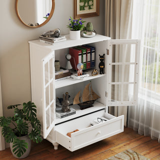 Minimalist White Buffet Cabinet with Double Glass Doors and Drawer, Modern Wooden Storage Sideboard Cupboard for Living Room, Dining Room, Hallway, Entryway