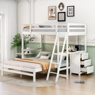 Twin over Full Bunk Bed with Built-in Desk and Three Drawers, White