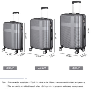 3 Piece Luggage with TSA Lock ABS, Durable Luggage Set, Lightweight Suitcase with Hooks, Spinner Wheels Cross Stripe Luggage Sets 20in/24in/28in