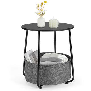 Modern Round Side Table with Fabric Basket, Black & Grey Steel Frame - Perfect for Living Room or Bedroom