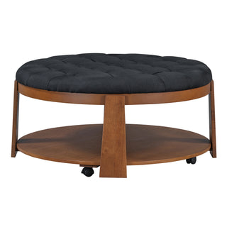 Modern Large Round Ottoman Coffee Table 2-Tier Oversized Button Tufted Ottoman with Wood Shelf Storage Upholstered Coffee Table for Living Room Footrest Ottoman with wheel, waterproof Linen