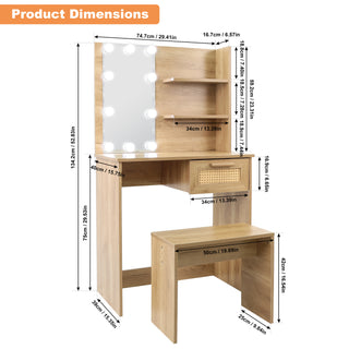 Vanity Desk Set Stool & Dressing Table with LED Lighting Mirror Drawer and Compartments Modern Wood Cosmetic Table Chest of Drawers Nature Color