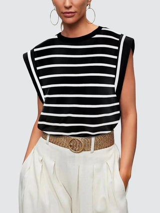 Striped Round Neck Cap Sleeve T-Shirt for Women