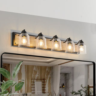 Farmhouse Vanity Light Fixture, 5-Light Bathroom Wall Sconce with Clear Seeded Glass Shades, Rustic Black Finish with Wood Backplate, Modern Industrial Design for Bathroom or Powder Room (No Bulbs)