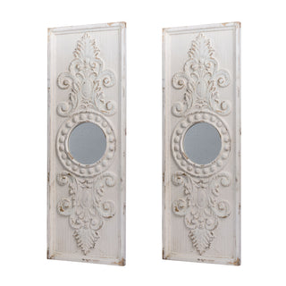 Set of 2 Large Wooden Wall Art Panels with Distressed White Finish and Round Mirror Accents,17' x 48'